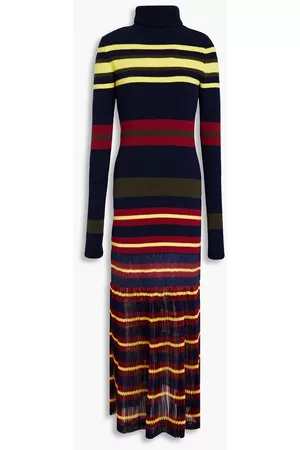 Serafini Women Midi Dresses - Pleated voile-paneled wool turtleneck midi dress - Blue - IT 44