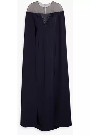 Marchesa Notte Cape-effect embellished tulle-trimmed crepe gown - Blue - US 10