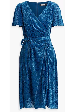 DKNY Women Ruched Dresses - Wrap-effect ruched devoré-velvet dress - Blue - US 10