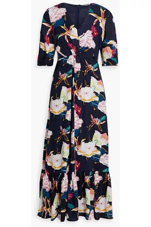 Walter Baker Women Printed Dresses - Wynona gathered cutout floral-print jacquard midi dress - Blue - US 8
