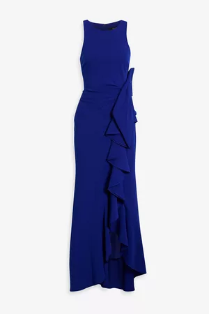 Badgley Mischka Bow-embellished ruffled crepe gown - Blue - US 10