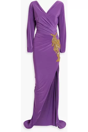 RHEA COSTA Embellished gathered satin-jersey gown - Purple - IT 38
