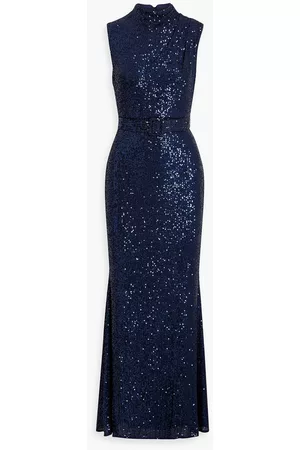 Badgley Mischka Belted sequined tulle gown - Blue - US 4