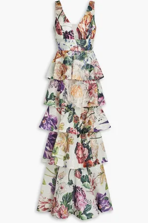 Marchesa Notte Tiered embellished floral-print chiffon gown - White - US 6