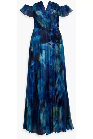 THEIA Off-the-shoulder pleated printed organza gown - Blue - US 8