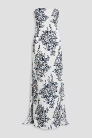 Oscar de la Renta Strapless draped flocked jacquard gown - Blue - US 6