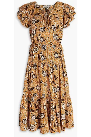 ULLA JOHNSON Women Printed Dresses - Amber gathered floral-print cotton-blend midi dress - Yellow - US 6