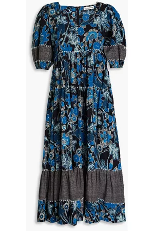 ULLA JOHNSON Women Printed Dresses - Nora gathered floral-print cotton-blend midi dress - Blue - US 2
