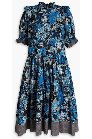 ULLA JOHNSON Women Printed Dresses - Roberta ruffled printed cotton-blend dress - Blue - US 10