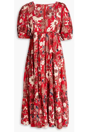 ULLA JOHNSON Women Printed Dresses - Nora gathered floral-print cotton-blend midi dress - - US 12