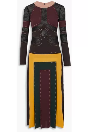 VALENTINO Women Midi Dresses - Lace-paneled pleated studded silk crepe de chine midi dress - - IT 38