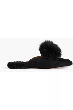 Aquazzura Women Slippers - Foxy pompom-embellished shearling-lined suede slippers - - EU 36