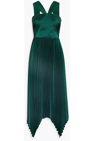 THEIA Women Asymmetrical Dresses - Eleanora asymmetric pleated satin midi dress - Green - US 6