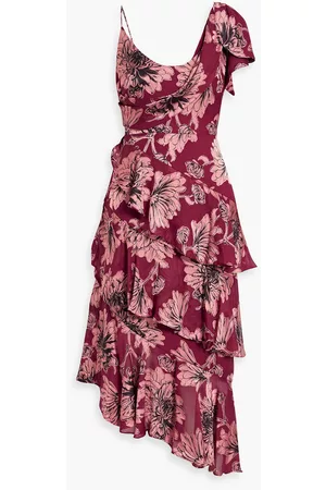 THEIA Women Printed Dresses - Asymmetric tiered floral-print fil coupé chiffon midi dress - Burgundy - US 8