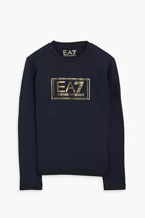 EA7 Women Sports Hoodies - Metallic printed cotton-blend jersey sweatshirt - Blue - XL