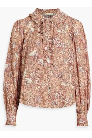 ULLA JOHNSON Women Blouses - Philipa ruffle-trimmed printed cotton-bend blouse - Brown - US 10