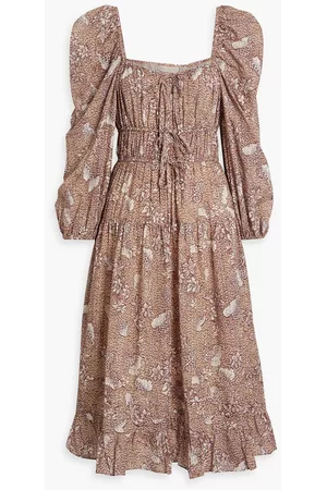 ULLA JOHNSON Women Printed Dresses - Gathered printed cotton-blend voile dress - Burgundy - US 12