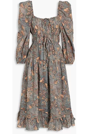 ULLA JOHNSON Women Printed Dresses - Isla gathered printed cotton-blend voile dress - Blue - US 2