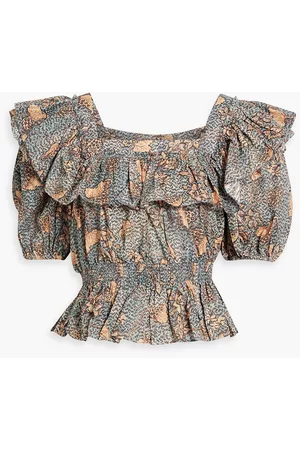 ULLA JOHNSON Women Blouses - Warner ruffled printed cotton-blend blouse - Orange - US 6