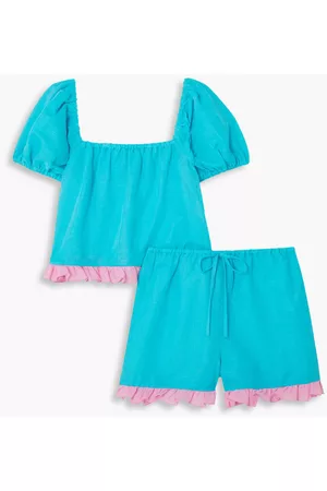 Dora Larsen Women Nightdresses & Shirts - Sienna ruffed linen and cotton-blend pajama set - Blue - UK 10