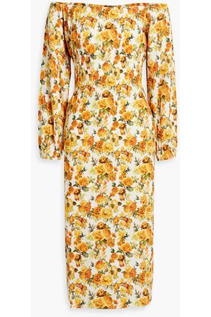 ONIA Women Printed Dresses - Off-the-shoulder shirred floral-print linen-blend midi dress - - L