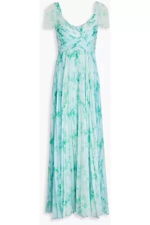 THEIA Women Printed & Patterned Dresses - Pleated floral-print chiffon gown - Blue - US 8