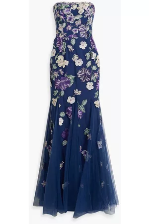 Marchesa Notte Women Strapless Dresses - Strapless embroidered tulle gown - Blue - US 12
