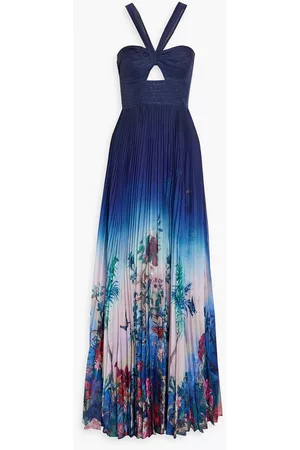 Marchesa Notte Women Printed & Patterned Dresses - Cutout printed plissé-chiffon gown - Blue - US 2