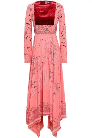 VALENTINO Women Printed & Patterned Dresses - Garavani - Velvet-paneled printed silk crepe de chine midi dress - Orange - IT 40