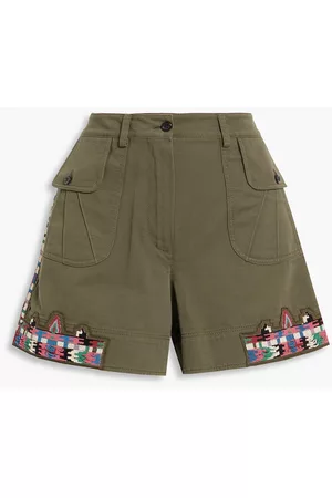 VALENTINO Women Twill Shorts - Garavani - Bead-embellished cotton-twill shorts - Green - IT 36
