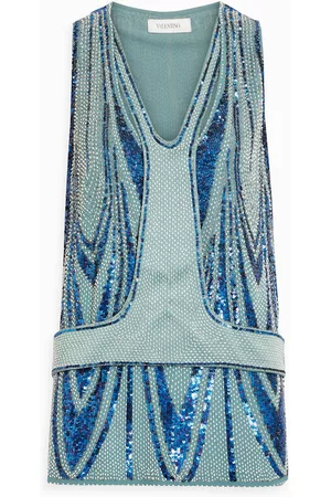 VALENTINO Women Tops - Garavani - Layered embellished silk-crepe top - Blue - US 6
