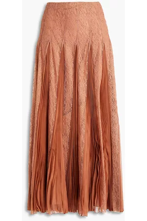 VALENTINO Women Midi Skirts - Garavani - Lace-paneled pleated silk-chiffon midi skirt - Metallic - IT 44