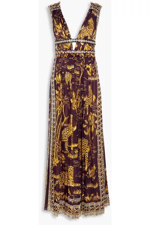VALENTINO Women Printed & Patterned Dresses - Garavani - Leather-trimmed printed cotton gown - Purple - 40