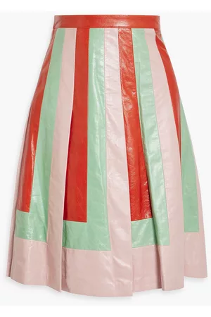 VALENTINO Women Leather Skirts - Garavani - Pleated color-block crinkled-leather skirt - Pink - IT 44