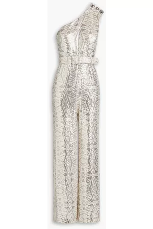 Badgley Mischka Women Wide Leg Jumpsuits - One-shoulder sequined jersey wide-leg jumpsuit - Neutral - US 4