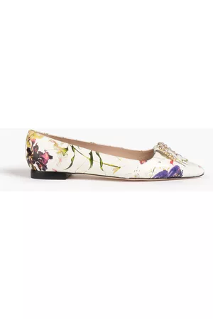 Stuart Weitzman Women Flat Shoes - Embellished floral-print leather point-toe flats - Neutral - EU 37