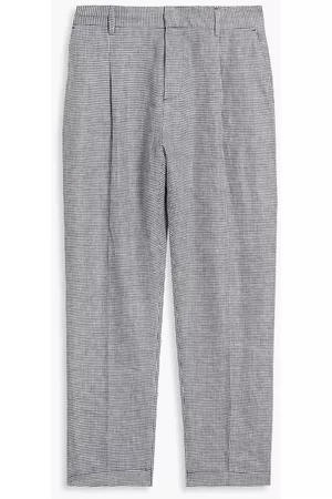 120% Lino Women Formal Pants - Houndstooth linen pants - Blue - IT 48