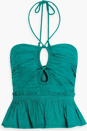 ULLA JOHNSON Adaleigh pintucked cotton halterneck peplum top - Blue - US 12