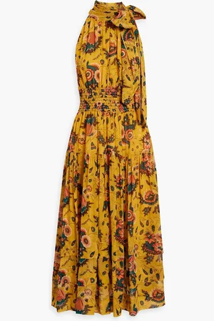 ULLA JOHNSON Maya shirred floral-print silk-chiffon midi dress - Yellow - US 0