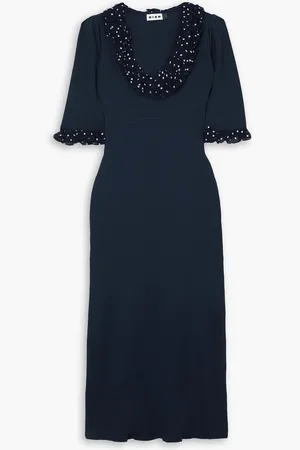 RIXO London Giuliana crepe-trimmed ruffled ribbed-knit maxi dress - Blue - UK 10