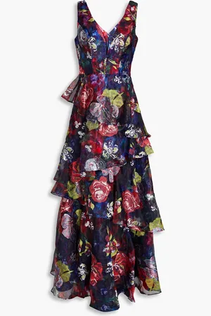 Marchesa Notte Tiered embroidered floral-print organza gown - Blue - US 4