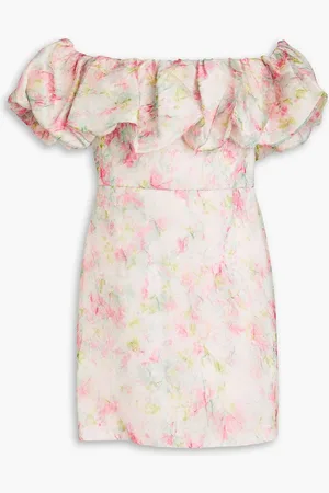 Ml Monique Lhuillier Off-the-shoulder ruffled printed organza mini dress - Pink - US 2