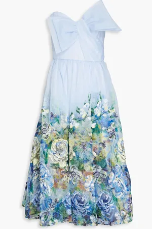 Marchesa Notte Strapless bow-detailed floral-print organza midi dress - Blue - US 8