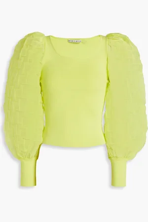 ALICE+OLIVIA Alice Olivia - Abella organza-paneled ribbed-knit sweater - Yellow - XS