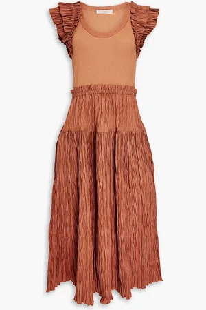 ULLA JOHNSON Virginia ribbed jersey-paneled woven midi dress - Brown - US 10
