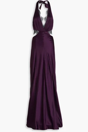 Nicholas Cutout lace-trimmed satin halterneck gown - Purple - US 4