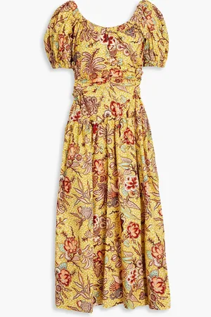 ULLA JOHNSON Golda cutout printed cotton-poplin midi dress - Yellow - US 00