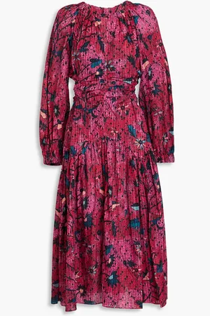 ULLA JOHNSON Helia ruched printed cotton-blend midi dress - Pink - US 4