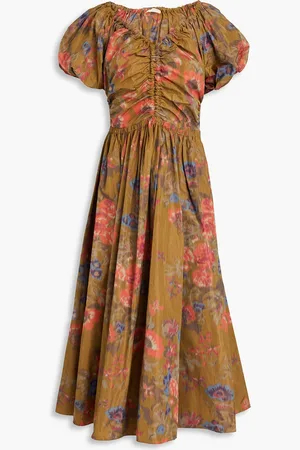 ULLA JOHNSON Cecile ruched floral-print taffeta midi dress - Brown - US 0