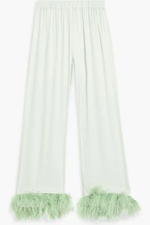 Sleeper Party feather-trimmed crepe de chine pajama pants - Green - M